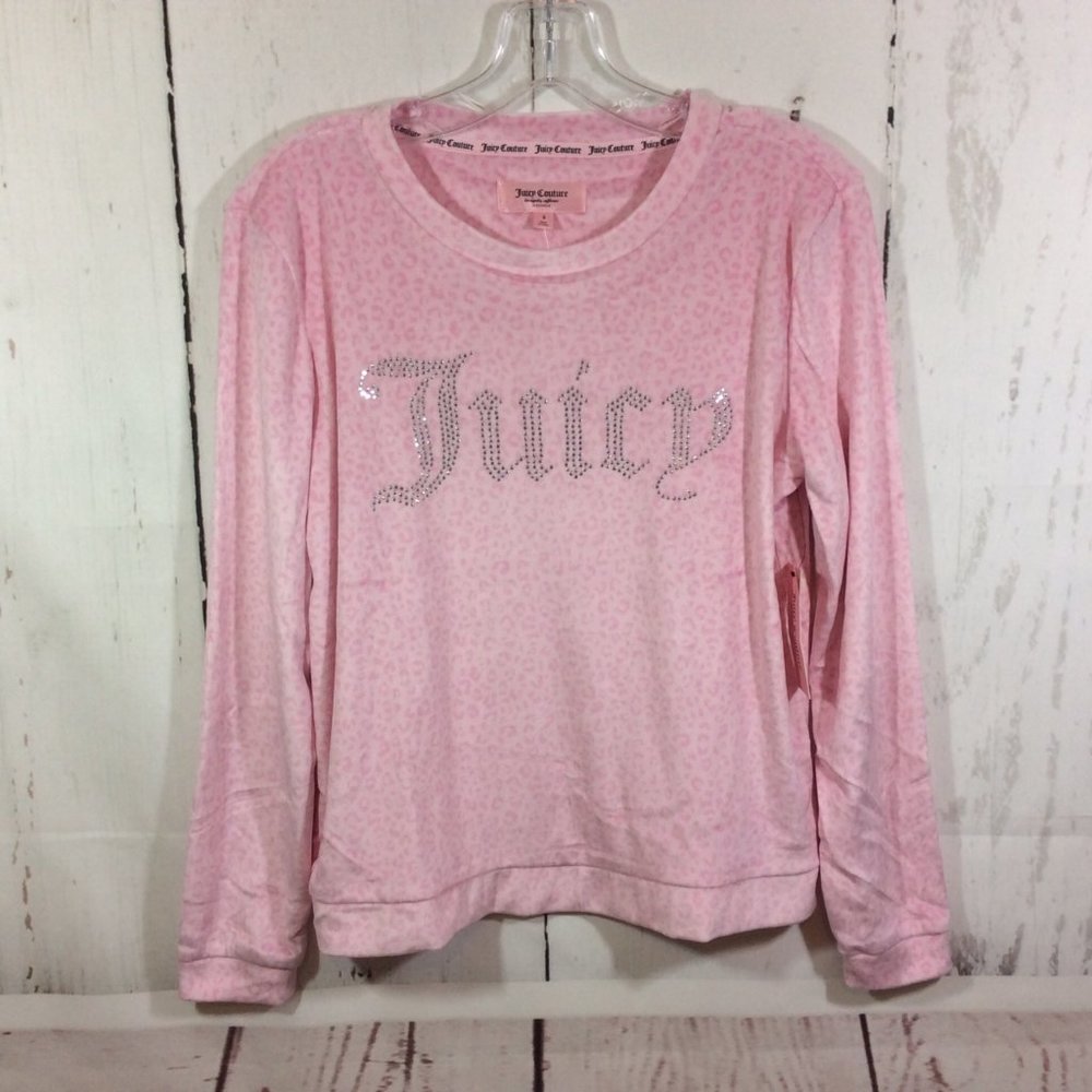Juicy Couture Sleepwear Top Pink Leopard Rhinestone Studded Soft Cozy Size S